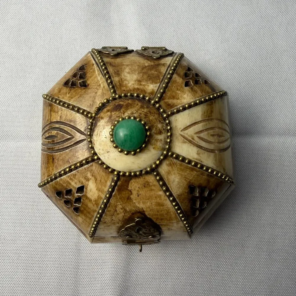 Vintage Camel Bone & Brass Trinket Box Octagonal India Green Cabochon